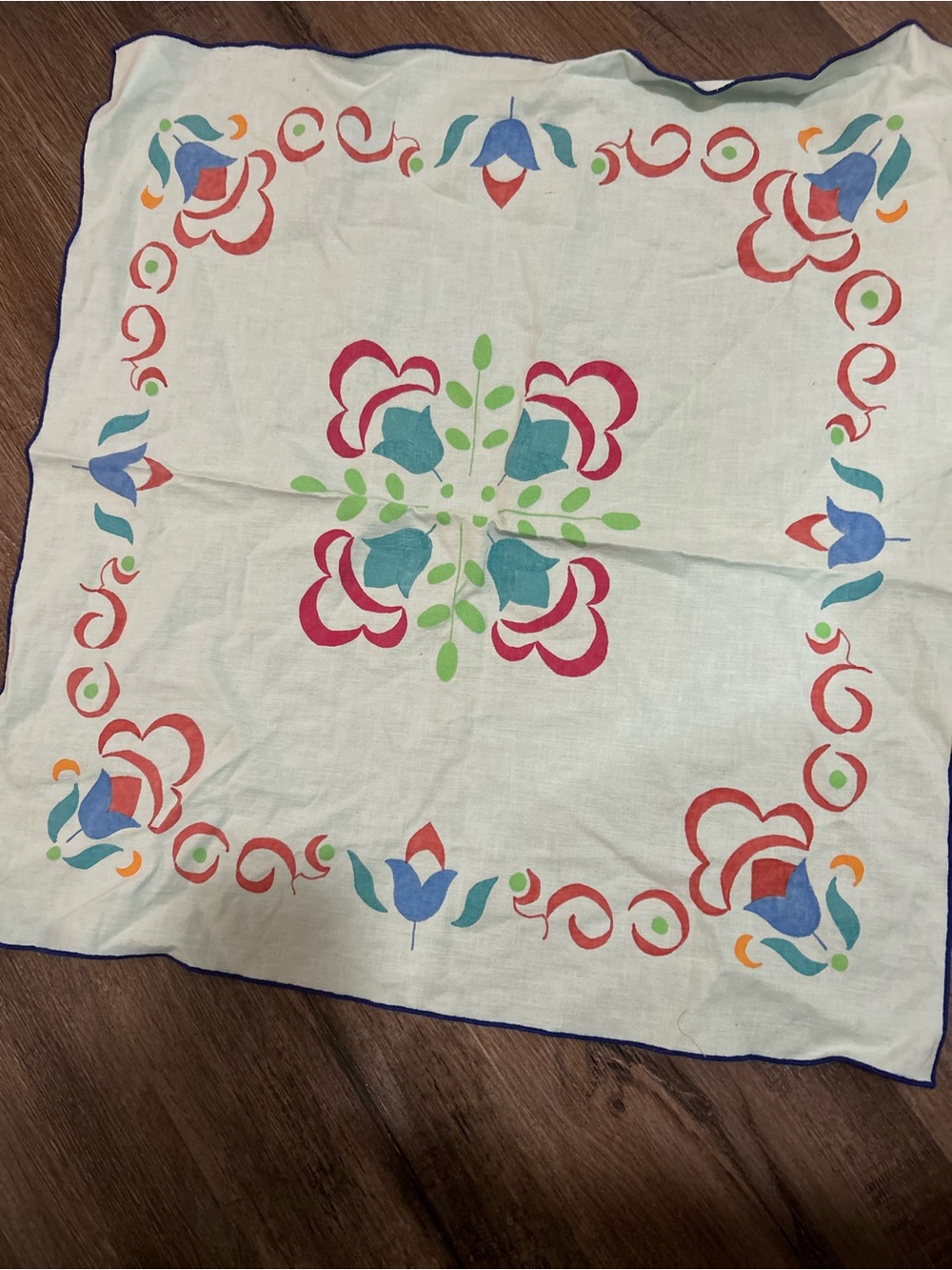 Floral Block Print Cotton Square Scarf - White with Red, Teal & Green
